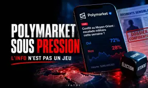 Polymarket sous pression : une application de prédiction face à la **fraude entreprise**. Un dé à six faces avec "Guerre", "Élection", "Attentat" symbolise les enjeux.