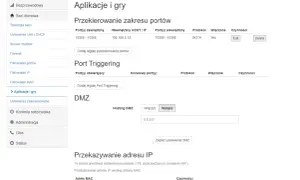 Ustawienia bramki DOCSIS 3.0: przekierowanie portów, Port Triggering, DMZ i przekazywanie IP. Widok panelu administracyjnego, przypominający interfejs technicolor cga2121.
