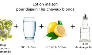 Lotion maison pour déjaunir les cheveux blonds : camomille, eau, citron, vinaigre. Idéal pour les soins cheveux décolorés maison.