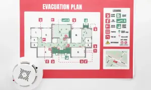 Piano di evacuazione, un esempio di contingency plan con indicazioni per uscite, estintori e allarmi. Un rilevatore di fumo è visibile in primo piano.