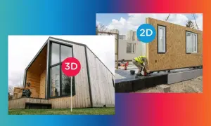 Dwa domy: jeden gotowy, drewniany, z napisem 3D, drugi w budowie, z prefabrykowanych elementów, z napisem 2D.