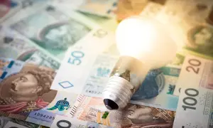 Żarówka na stosie polskich banknotów. Zastanawiasz się, ile kosztuje 1 kWh PGE?