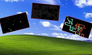 Wygaszacz ekranu Windows 11 z bańkami, ikonami i rurkami na tle zielonego wzgórza i błękitnego nieba.
