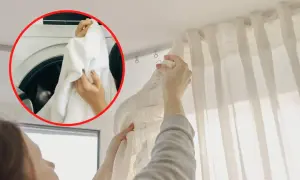 Pranie firanek to czysta przyjemność. Wkładanie świeżo wypranych firanek na karnisz.