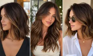 Trzy brunetki prezentują różne fryzury z subtelnymi refleksami.
