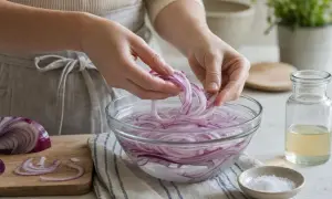 Mani che separano anelli di cipolla rossa in una ciotola d'acqua. Preparazione per evitare che la cipolla cruda faccia male allo stomaco.