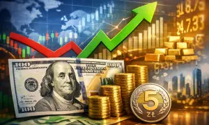 W tle wykresy giełdowe i mapa świata. Na pierwszym planie dolar, stosy złotych monet i polska moneta 5 zł. Prognoza USD PLN wskazuje na wzrost.