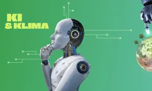 Ein nachdenklicher Roboter blickt auf die Erde, während ein Roboterfinger auf sie zeigt. KI & Klima: die Welt in der Zukunft.