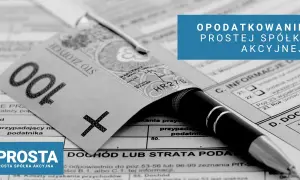 Złoty banknot i długopis na formularzu podatkowym. Temat: opodatkowanie prostej spółki akcyjnej.