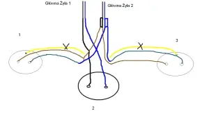 Schemat połączeń elektrycznych, pokazujący jak podłączyć gniazdko bez uziemienia. Dwa gniazdka (1 i 3) połączone z centralnym punktem (2).