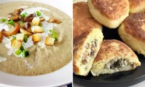 Krem z pieczarek z grzankami i zieloną cebulką obok kotletów ziemniaczanych z farszem grzybowym.