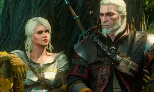 Geralt i Ciri siedzą obok siebie, opierając się o drzewo, w tle las.