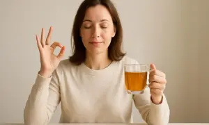 Donna con gli occhi chiusi tiene una tazza di tè e fa il gesto "ok", suggerendo sollievo per il reflusso gastroesofageo rimedi.
