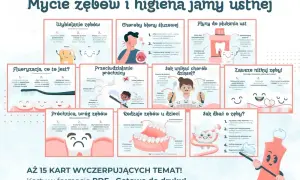 Ilustracja przedstawia kompleksowy poradnik dotyczący higieny jamy ustnej, od wybielania zębów po zapobieganie próchnicy i chorobom dziąseł.