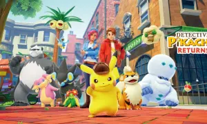 Pikachu i jego przyjaciele w grze detektyw pikachu 2 przemierzają miasto. W tle logo gry.