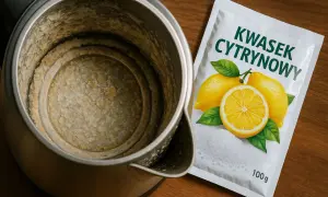 Zwapniony czajnik i opakowanie kwasku cytrynowego. Dowiedz się, jak odkamienić kwaskiem cytrynowym, by przywrócić mu blask.
