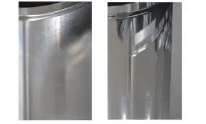 Dwa detale aluminiowe: jeden z widocznymi śladami po polerowaniu, drugi idealnie wypolerowany, lśniący.