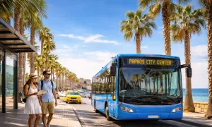 Para turystów na Cyprze czeka niebieski autobus miejski. Komunikacja miejska w Paphos ułatwia zwiedzanie.