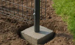 Solidny beton na fundament ogrodzenia zapewnia stabilność słupka. Widać też siatkę ogrodzeniową i trawę.