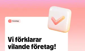 En vit ruta med texten "Vi förklarar vilande företag!" och en ikon för kunskap. En 3D-ikon med en bock i orange och rosa.