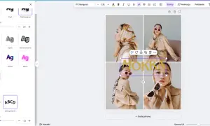 Edytor graficzny, gdzie można tworzyć projekty, np. plakaty. Widoczne opcje efektów tekstowych, jak "Glitch" czy "Neon", pokazują, co to Canva.
