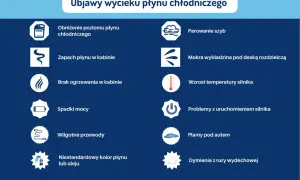 Objawy wycieku płynu chłodniczego: niski poziom płynu, zapach w kabinie, parowanie szyb, mokra wykładzina, wzrost temperatury silnika, plamy pod autem.