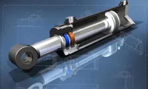 Przekrój przez wysprzęglik hydrauliczny, ukazujący jego wewnętrzne elementy, takie jak tłok, uszczelnienia i tłoczysko, na tle schematów technicznych.