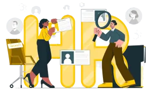 Persone esaminano curriculum per hr recruitment. Una sedia con cartello "Vacancy" è visibile.