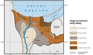 Mapa przedstawia etapy narastania delty Wisły, ukazując, jak rzeka tworzyła najniższe miejsce w Polsce, docierając do Zatoki Gdańskiej.