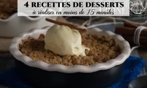 Un crumble aux pommes, dessert rapide dernière minute, servi avec une boule de glace à la vanille et un bâton de cannelle.