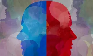Stylizowana grafika przedstawiająca profile ludzkich głów w odcieniach czerwieni i błękitu, symbolizująca złożoność umysłu i potrzebę wsparcia w leczeniu mitomanii.