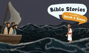 Jezus chodzi po wodzie, a uczniowie patrzą z łodzi. Opowieść z Biblii z Sarą i Szymonem.