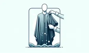 Hände falten ein elegantes, blaues Abendkleid, das auf einem Schaufensterpuppen steht. Unter dem Kleid sind Wellen angedeutet, die das Waschen symbolisieren.