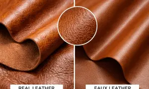Confronto visivo: la differenza tra pelle ed ecopelle. La pelle vera mostra una grana irregolare e un aspetto vissuto, l'ecopelle una texture più uniforme.