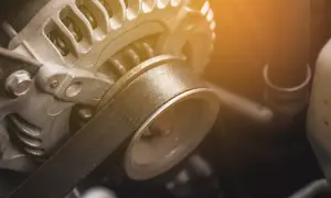 Zbliżenie na alternator samochodowy z paskiem. Zastanawiasz się, ile kosztuje alternator?