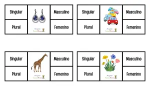 Cuatro tarjetas con divisiones para singular/plural y masculino/femenino, mostrando pendientes, coches, jirafa y flores.