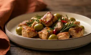 Delizioso spezzatino di pollo con olive verdi, rosmarino e peperoncino su un piatto rustico.
