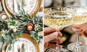 Enkel nyårsdukning med grönt bladverk, ljus och champagneglas.