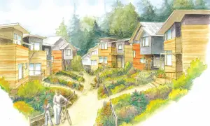 Esempi di cohousing: case moderne immerse nel verde, con sentieri e persone che passeggiano.