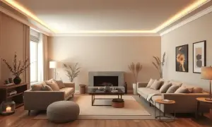 Salon cosy aux tons taupe et beige. Des canapés confortables, une cheminée moderne et des touches végétales créent une ambiance chaleureuse. Quelle couleur avec du taupe ? Le beige, le crème, et les tons terreux s'harmonisent parfaitement.