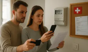 Para z telefonami przy liczniku gazowym i arkuszem papieru.