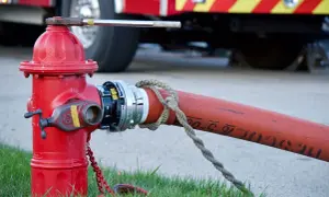 Czerwony hydrant naziemny podłączony do węża strażackiego, z tyłu widać fragment wozu strażackiego.