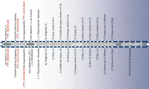 Ruta de autobús al aeropuerto de Zaragoza, con paradas en Delicias, Plaza y el aeropuerto.