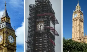 Trzy ujęcia Big Bena: w pełnej krasie, w rusztowaniach podczas renowacji i z fragmentem Pałacu Westminsterskiego. Ciekawe big ben ciekawostki.