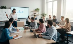 Grupa osób uczestniczy w szkoleniu, gdzie nauczycielka wyjaśnia materiał przy tablicy i ekranie. To przykład nauczania hybrydowego jak wygląda w praktyce.