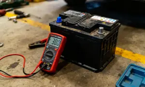 Un multimètre rouge affiche 38.0V, mesurant la tension d'une batterie de voiture dans un atelier.