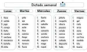 Lista de palabras para dictado 2 primaria, organizada por días de la semana: lunes, martes, miércoles, jueves y viernes.