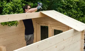 Hombre construyendo una caseta de madera. ¿Cuál es la mejor madera? Esta parece ser de pino, ligera y fácil de trabajar.