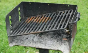 Ett rostigt grillgaller med aska under, redo för nästa grillkväll i parken.