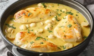 Aromatyczna potrawka z kurczaka w kremowym sosie z pieczarkami, posypana świeżą natką pietruszki, podana w czarnym naczyniu.